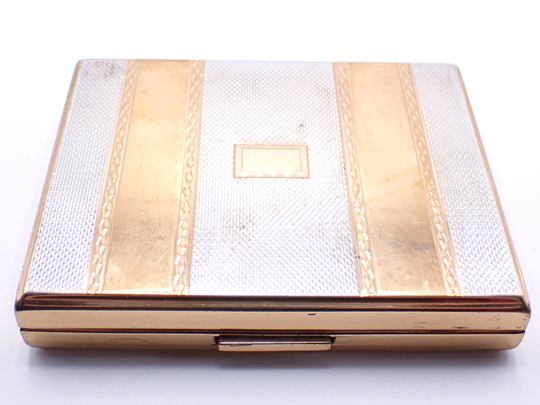 Art Deco 18Ct Gold & Silver Plated Ladies Powder Compact With Lipstick Holder Engine Turned Finish 1950S Large 10.6x8.8cm 4.3x3.5