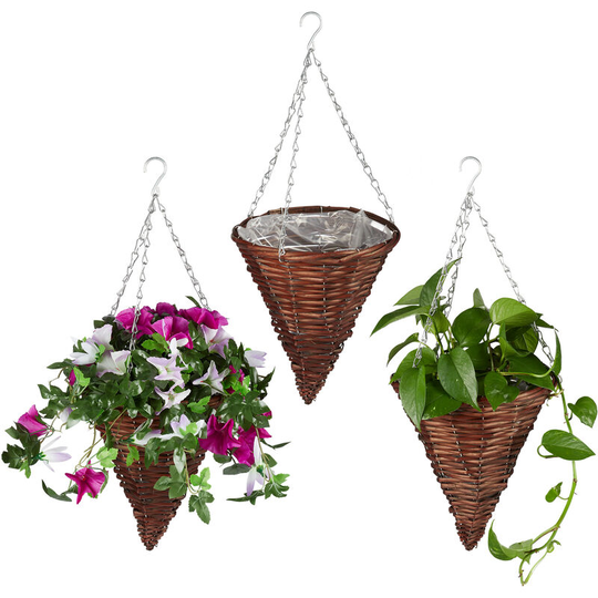 Relaxdays - Set of 3 Hanging Plant Basket, Handmade Wicker, Willow Wood, with Foil, Flower Pots, HxØ: 30 x 25 cm, Brown