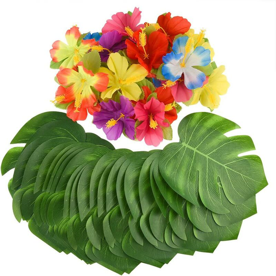 60 Pcs Tropical Party Decoration Supplies 8' Tropical Palmtera Leaf Leaves and Hibiscus Flowers, Simulation Leaf for Hawaiian Luau Party Jungle Beach
