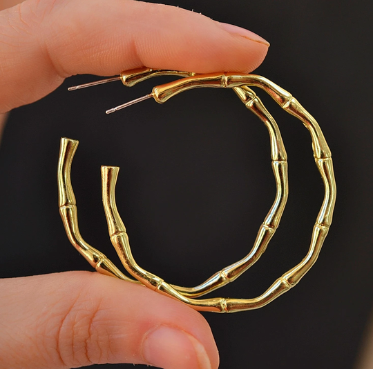 Organic Hoops, Bamboo Earrings, 18K Gold Filled Plant Unique Birthday Gift, Women Modern Earrings Gift