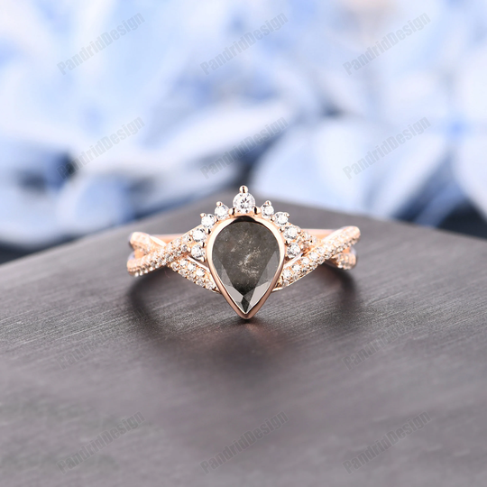Anniversary Promise Ring, Vintage Salt & Pepper Diamond Engagement Ring Rose Gold Ring, 5x7mm Pear Shaped Bridal Ring, Art Deco