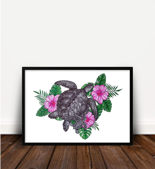 Turtle Art Print, Biro Art, Hibiscus Hand Drawn, Hawaiian, Drawing, Custom Artwork, Tattoo Art