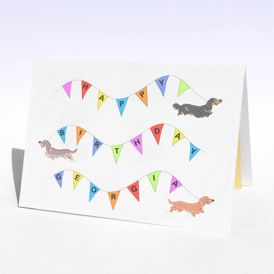 Personalised Dachshund Dog Birthday Card, Powder Blue/Blue/Pink