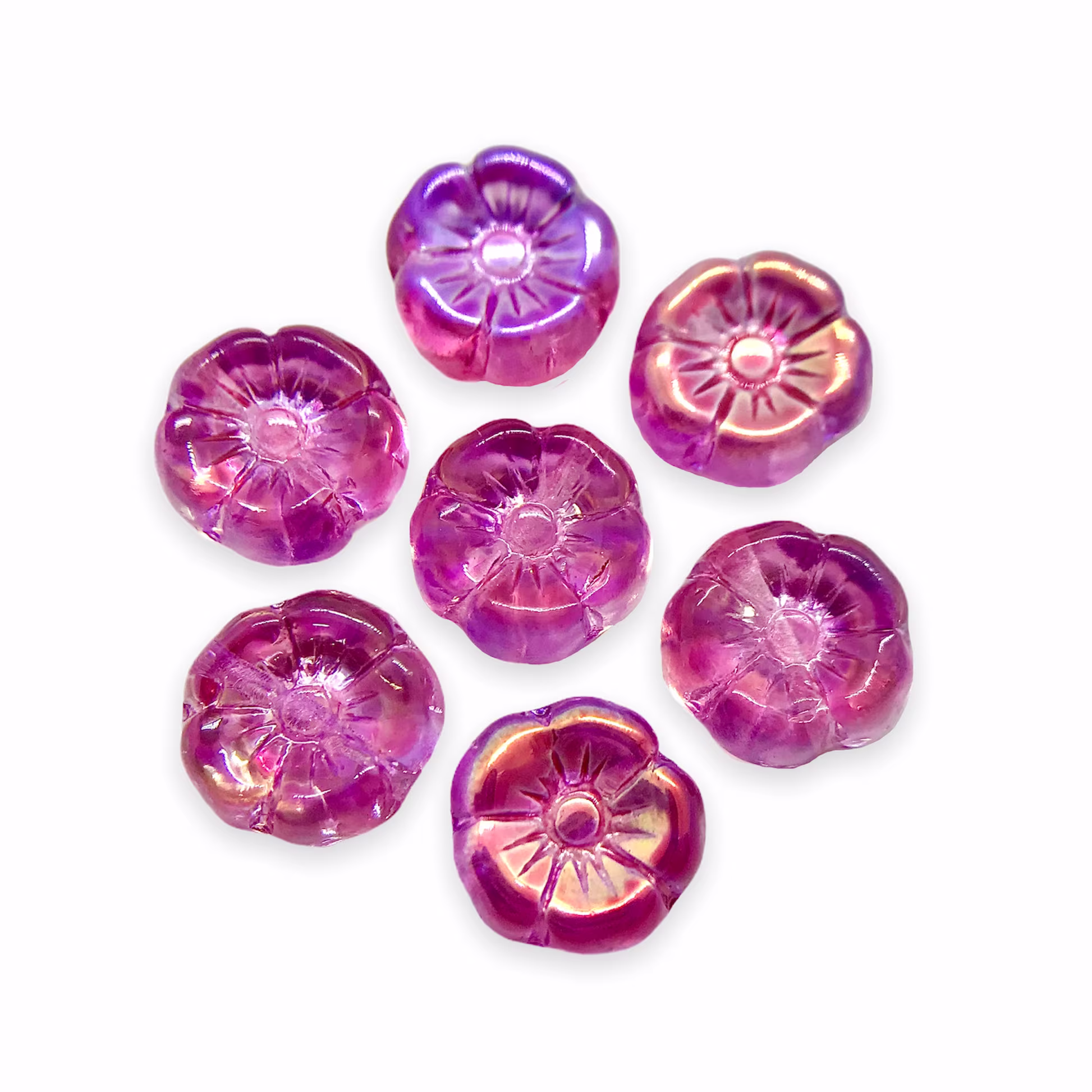 16Pc Fuchsia Pink Tiny Hibiscus Flower Beads Metallic Finish 8mm Czech Glass