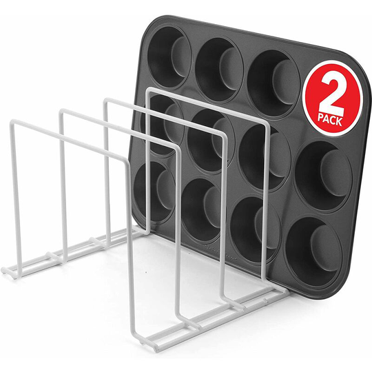 Large Bakeware Organizer (2 Pack) - Rust-Free Durable Coated Steel Lid Organizer - Kitchen Cookware Rack for Dinnerware, Bakeware, Cookware, Cutting