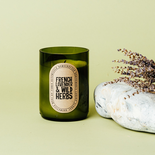 French Lavender & Wild Herb Soy Wax Candle - Wine Bottle Glass Eco U