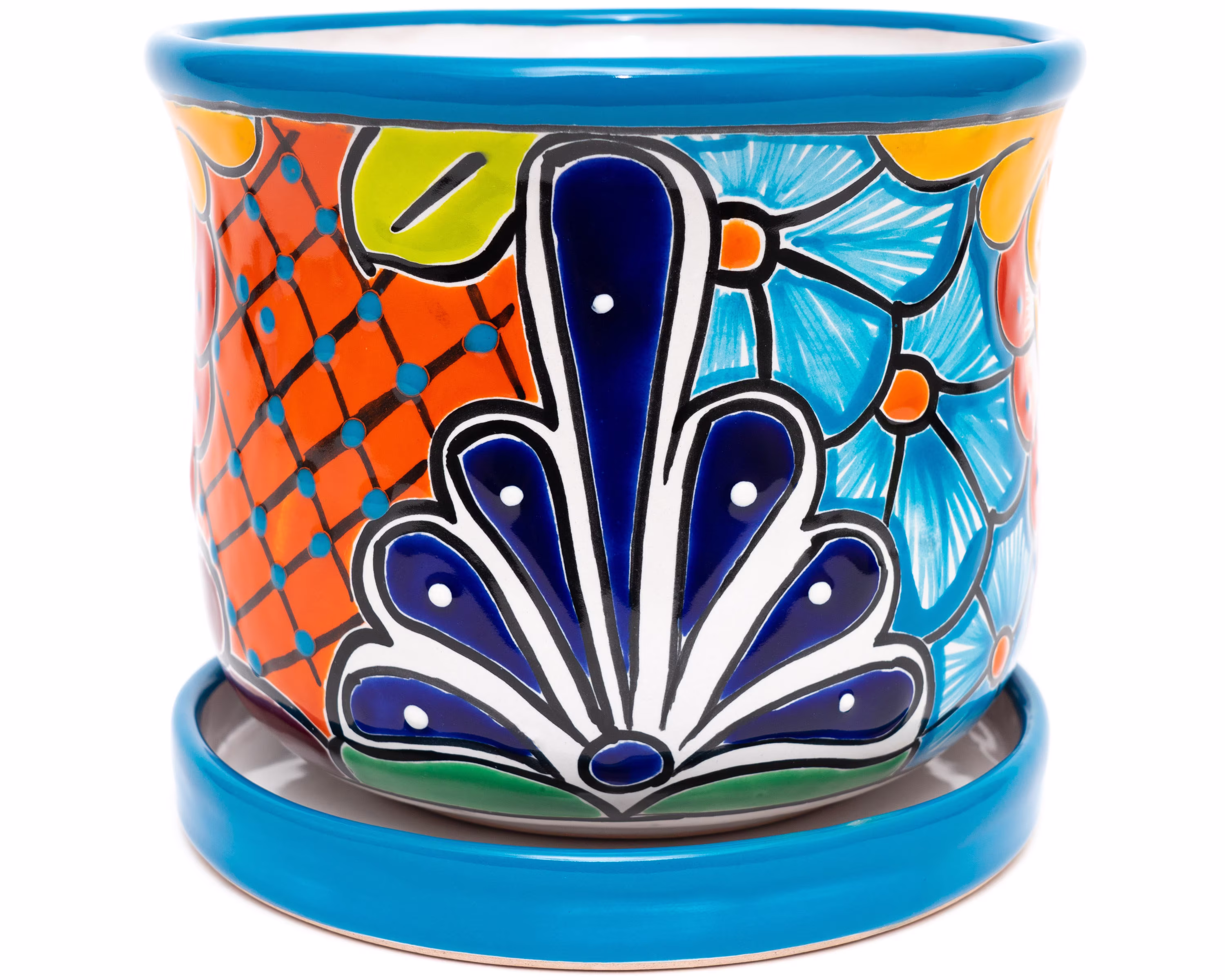 Talavera Mexican Pottery Ceramic Flower Pot & Matching Saucer Set Spanish Style Gift Decor Succulent Planter Large Turquoise