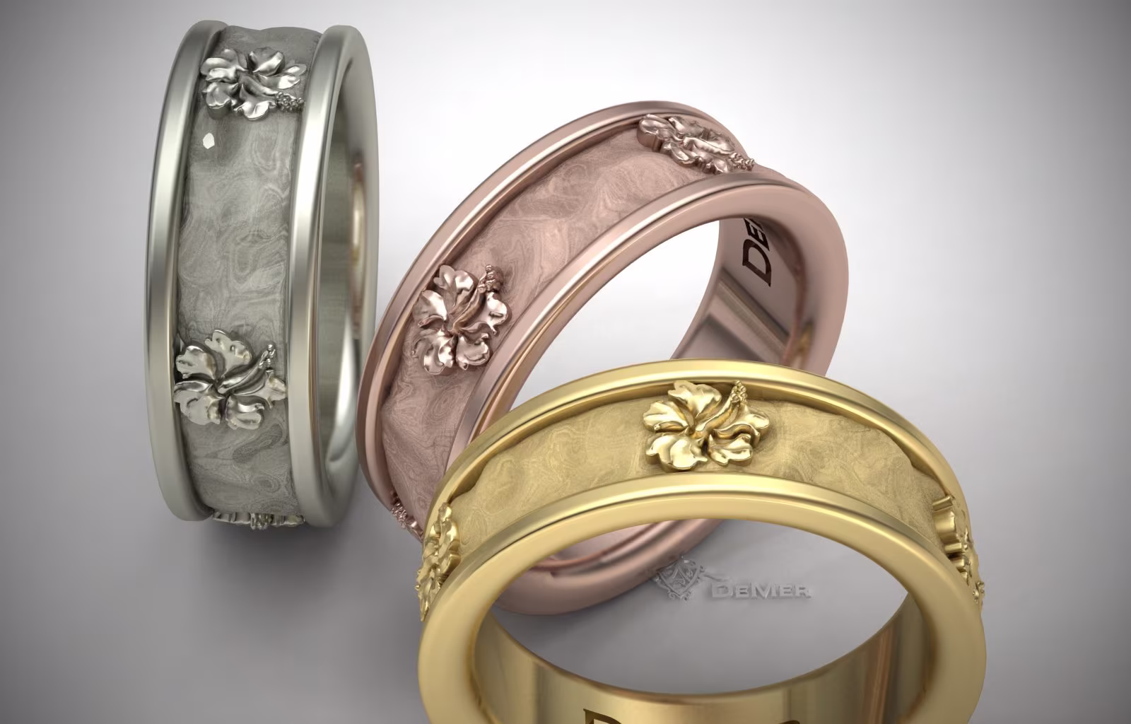 Hibiscus 8mm Wide Beach Surf Theme Wedding Band. Solid 14Kt White Rose Or Yellow Gold. Demer Jewelry Ocean Tropical Island Commitment Bands