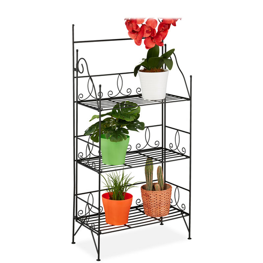 Plant Stand, Flower Rack with 3 Shelves, Foldable, Indoor, Outdoor, h x w x d: 100 x 50 x 25 cm, Metal, Black - Relaxdays
