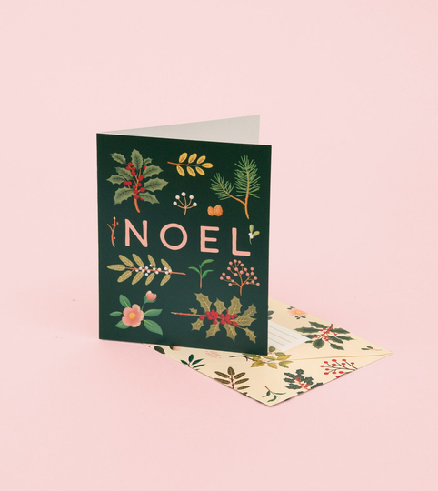 Green Noel Christmas Card, Botanical Flower Card