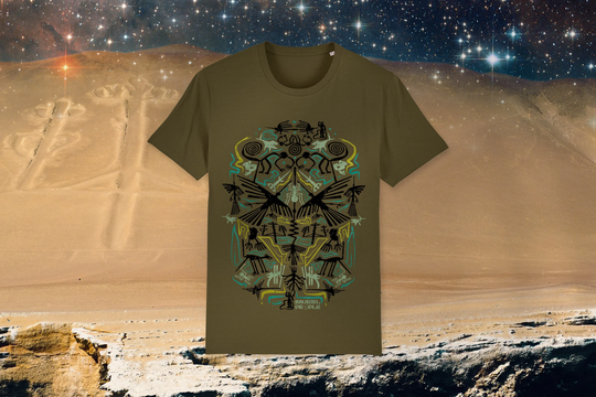 Nazca Line Maze 100% Organic Cotton Sauriêl People T-Shirt | Boho Festival Trippy Alien Psychedelic Eco Celestial Aztec