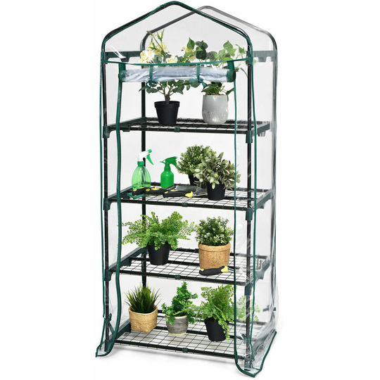 Costway - 4 Tier Mini Greenhouse Outdoor Garden Plants Growhouse w/ Zippered Roll up Door
