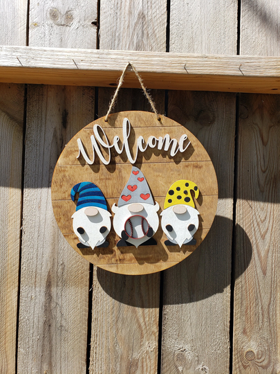 Gnomes With Interchangeable Pieces - Welcome Sign Rustic Wood
