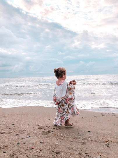 Vintage Rose & Hibiscus Poncho, 4 Layer Muslin Frill Details Organic Hooded Baby Towel, Cotton Beach Towel
