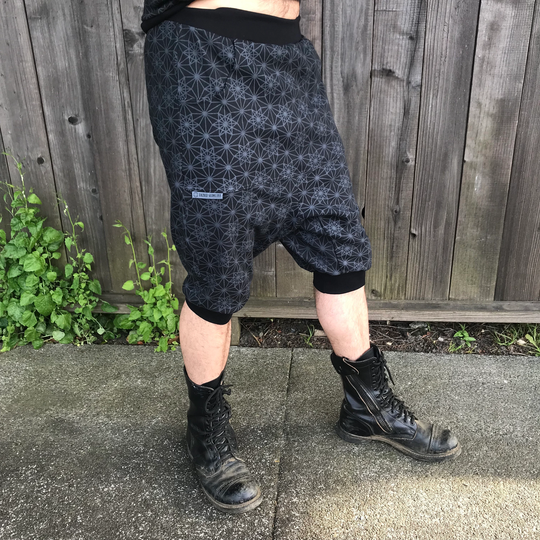 Vert Shorts - Organic Cotton Black Unisex Drop Crotch/Men's Women's Joggers Sacred Geometry Clothing Festival Geometric