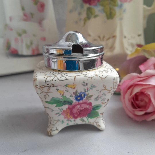 Midwinter Chintz Floral Mustard Pot, Pretty Cruet Set, Salt Holder With Pink Roses & Gold Detail, Chrome Lid