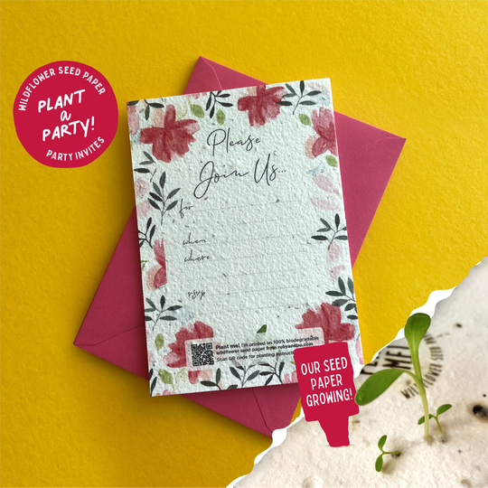 Plantable Party Invitation/Seed Paper Invitations Roses 100% British Wildflower Eco Friendly