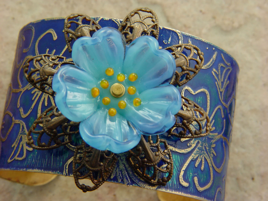 Embellished & Etched Brass Cuff Bracelet, Sapphire Flowers With Lampwork, 1.5