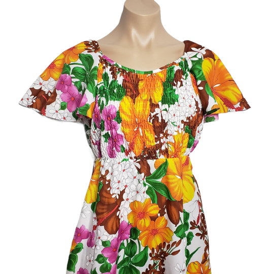 Vintage Pomare Hawaiian Long Dress Smock Top Size Medium Floral Hibiscus