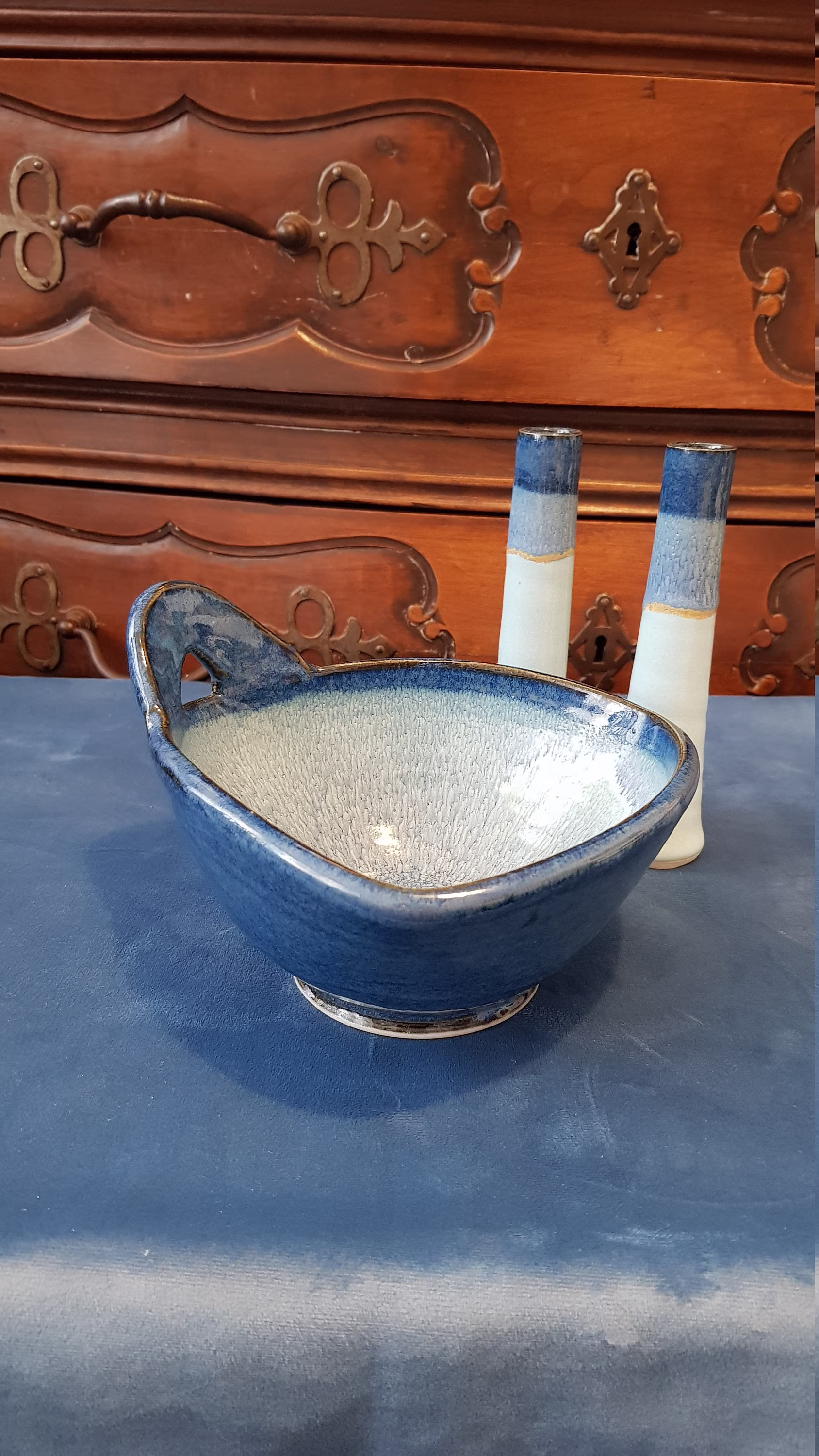 Geoffrey Healy Pottery Set Of 3, Bowl & 2 Bottles.blue Turquoise Colour