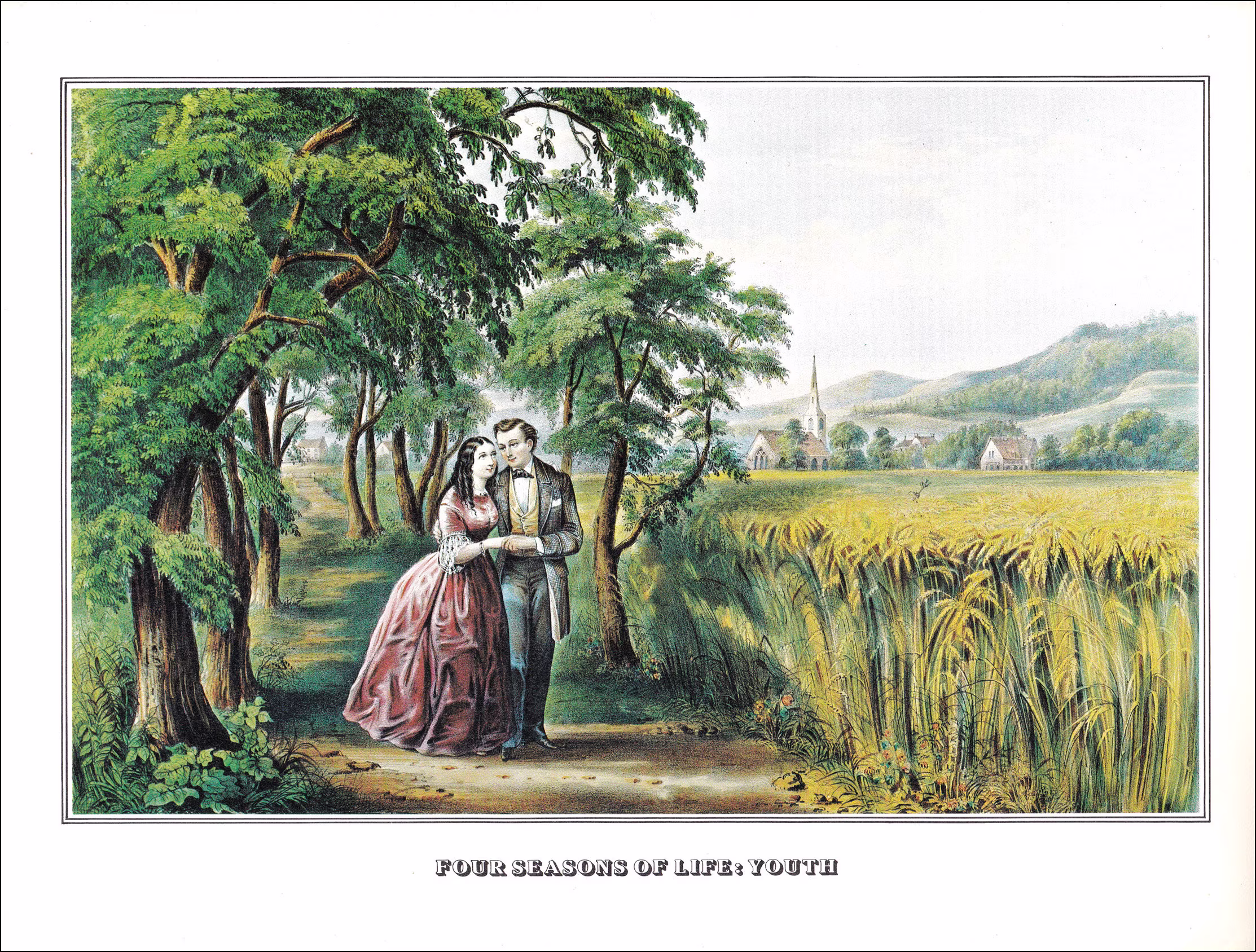 Currier & Ives Four Seasons Of Life Youth Young Couple Lovers Under Trees Filed Rural Landscape Usa American Art Painting Re-Print Americana