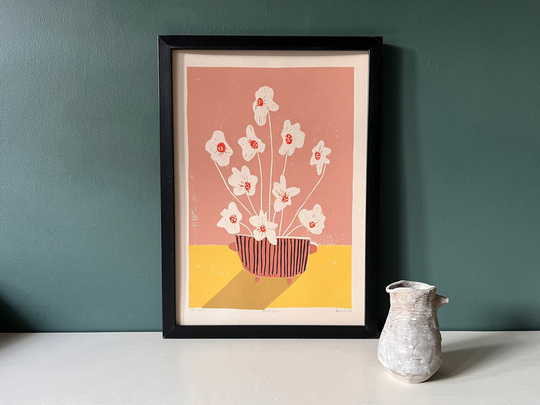 Hibiscus - Original Art Still Life Floral Coloured Linocut Print Hand Printed Wall Block Flowers
