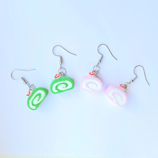 Kawaii Cake Earrings - Strawberry & Matcha Roll Earrings Dangle