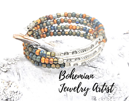 Seed Bead Wrap Bracelet, Customizable Earth Tone Seed Bead Bracelet, Memory Wire Bracelet By Bohojewelryartist