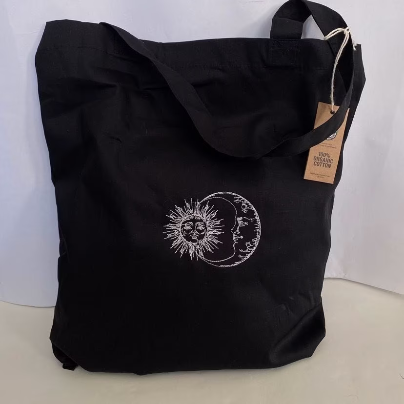 Organic Cotton Sun & Moon Embroidered Tote Bag, Shopping Market Gift, Christmas, Present, Canvas Black Bag