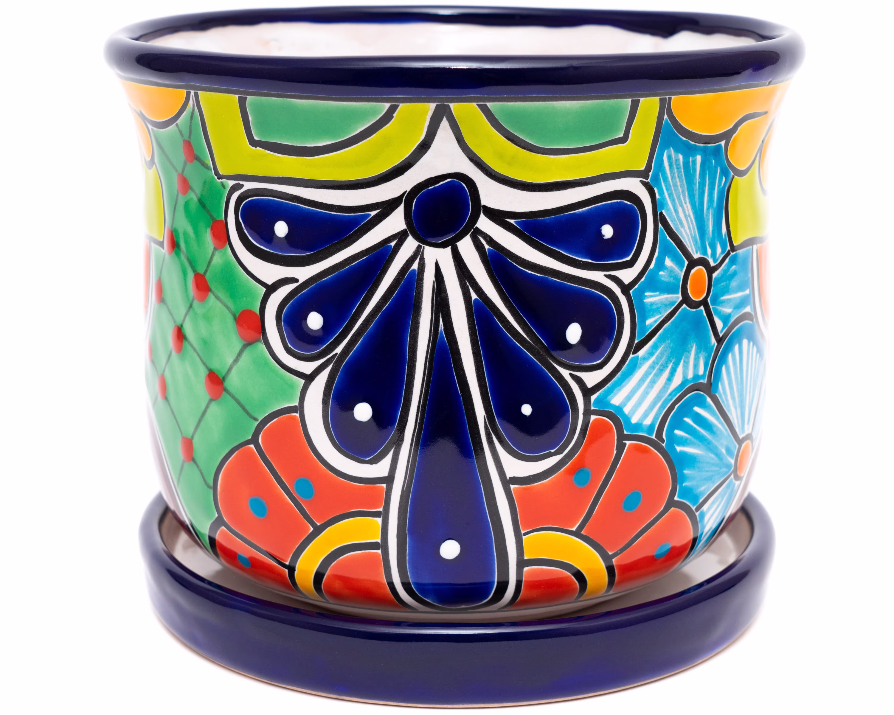 Talavera Mexican Pottery Ceramic Flower Pot & Matching Saucer Set Spanish Style Gift Decor Succulent Planter Large Cobalt