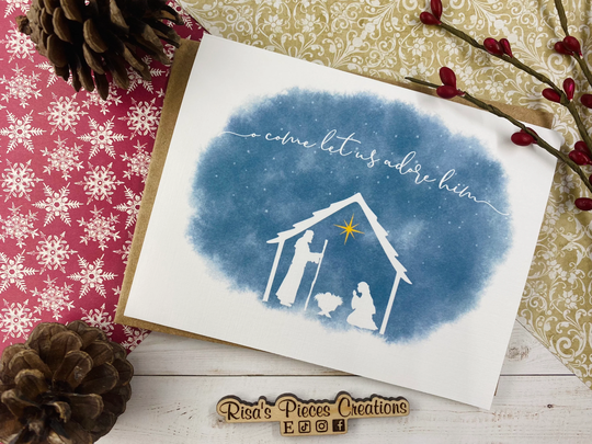 Linen Texture Nativity Card, Christmas Cards, Holiday Greeting, Oh Holy Night, Let Us Adore Him, Away in A Manger, Seasonal Cards