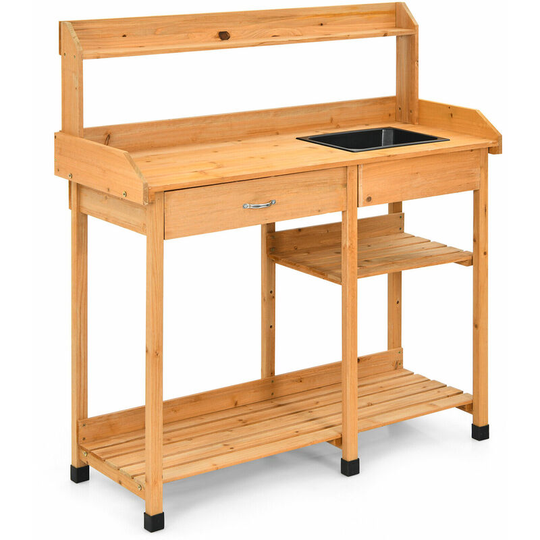 Costway - Wooden Potting Bench Outdoor Garden Plant Workstation w/ Sink Drawer & Hook