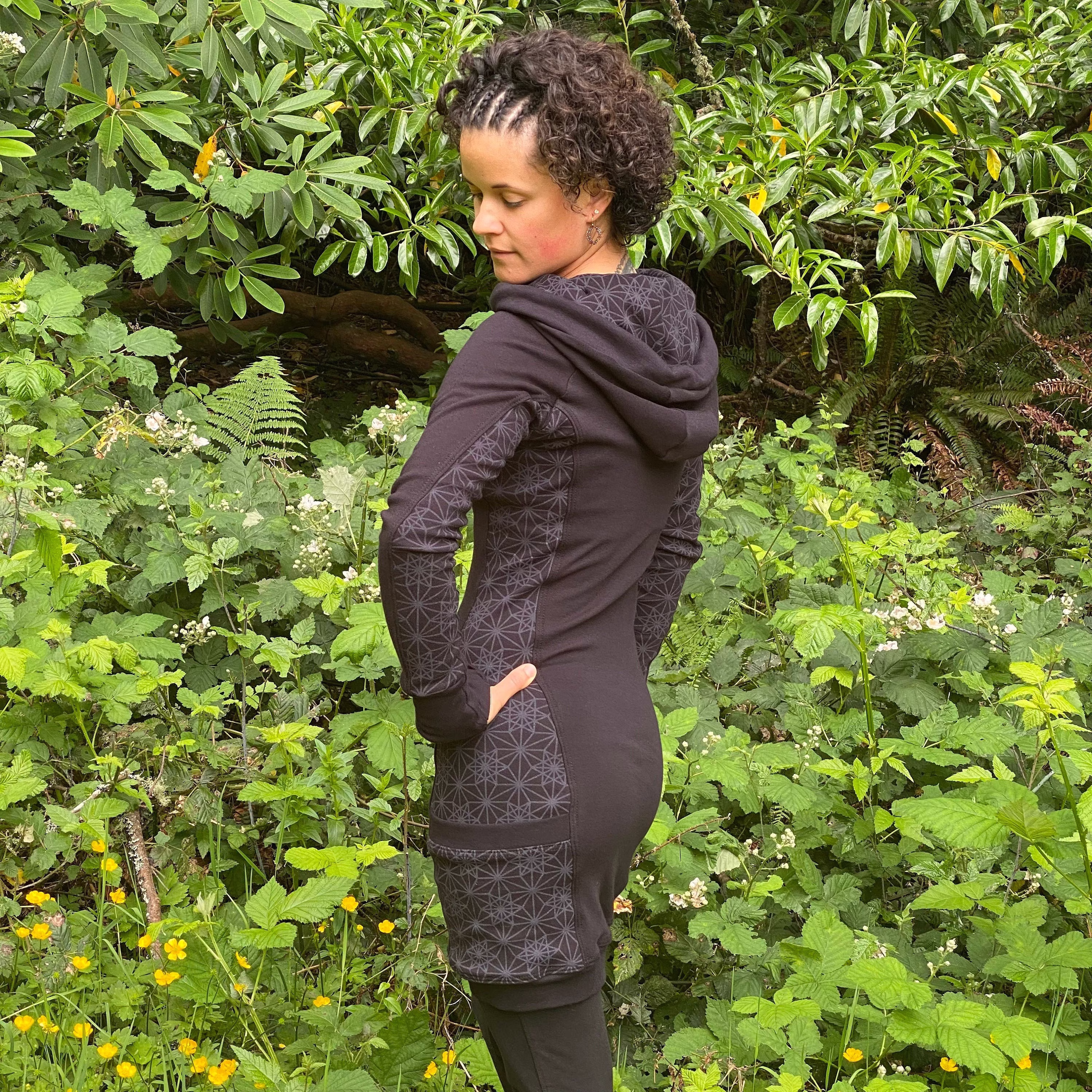 The Side Panel Portal Dress/Organic Cotton Cowl Hooded With Pockets Festival/ Activewear Geometric Sacred Geometry Clothing