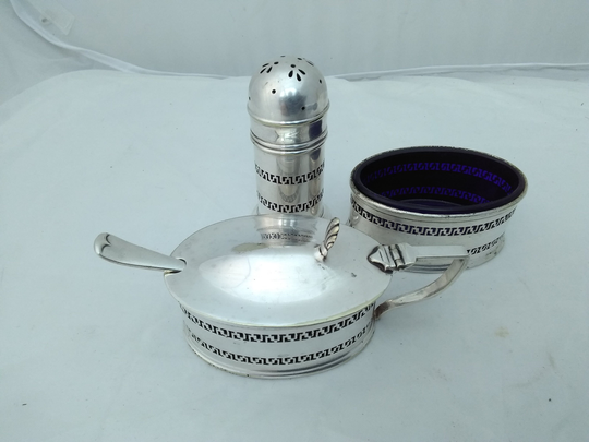 Vintage Silver Plated 3 Piece Art Deco Grecian Cruet Set - Blue Glass Liner & Epns With Spoon