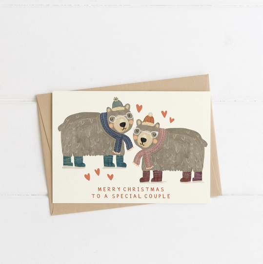 Special Couple Bears Christmas Card | Friends Family Xmas Merry Seasons Greeting Happy Holidays Eco-Friendly Recycled Hand Painted
