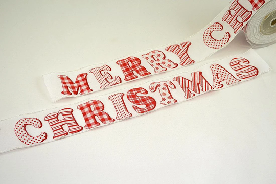 Merry Christmas Bold Font Printed Wired Ribbon By The Yard Red White Polka Dots Checkered Classic Square Seasonal Holiday Decor
