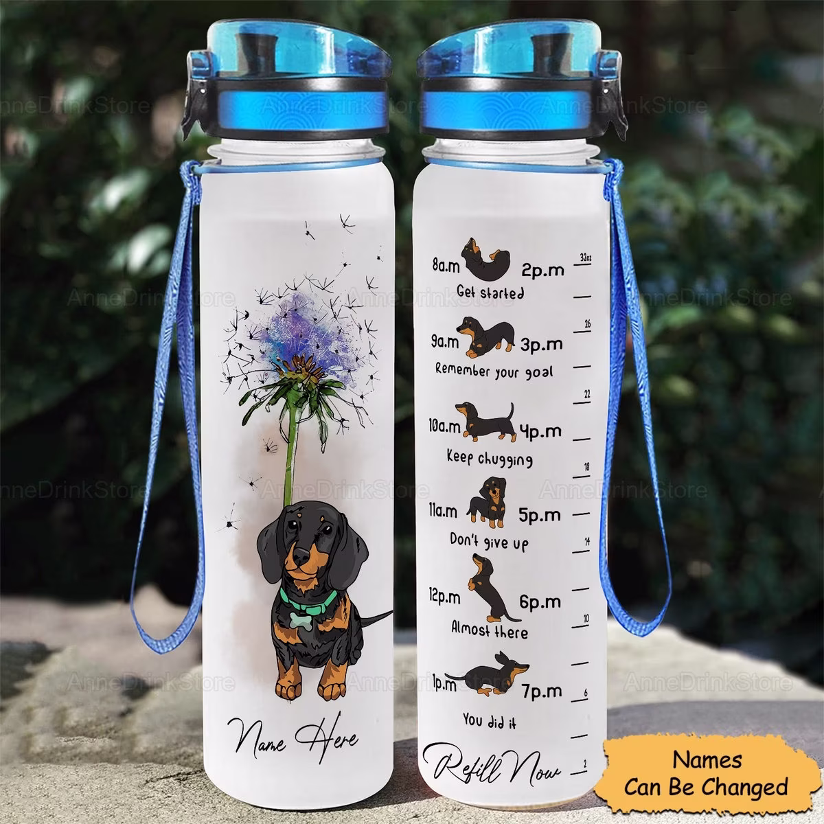 Personalized Dachshund & Dandelion Water Tracker Bottle, 32Oz Lovers, Gym Christmas Gift