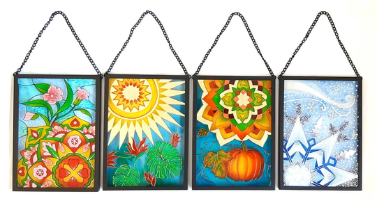 Four Seasons Wall Art, Hanging Suncatcher, Mandala Suncatcher, Four Seasons Glass Hand Painted