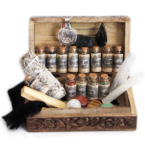 Wiccan Witchcraft Kit, Set A, Supplies & Tools Crystals, Baby Witch Starter Altar Herbs For Pagan Witch, With Black Salt