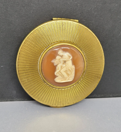 Kigu Vintage Powder Compact Neoclassical Cameo Muse Cupid Goldtone