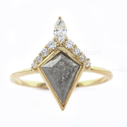 Kite Shape Diamond Vintage Wedding Ring Salt & Pepper Galaxy 14K Solid Yellow Gold Engagement Gift For Her
