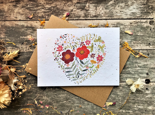 Plantable Seed Paper Love Heart Card, Blank Inside, Birthday Card For Mum , Anniversary Card , I Love You , Floral Heart Card