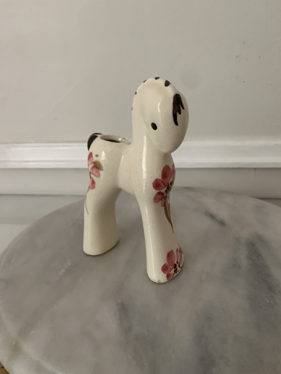 Vintage White Ceramic Horse Planter With Hand Painted Flowers