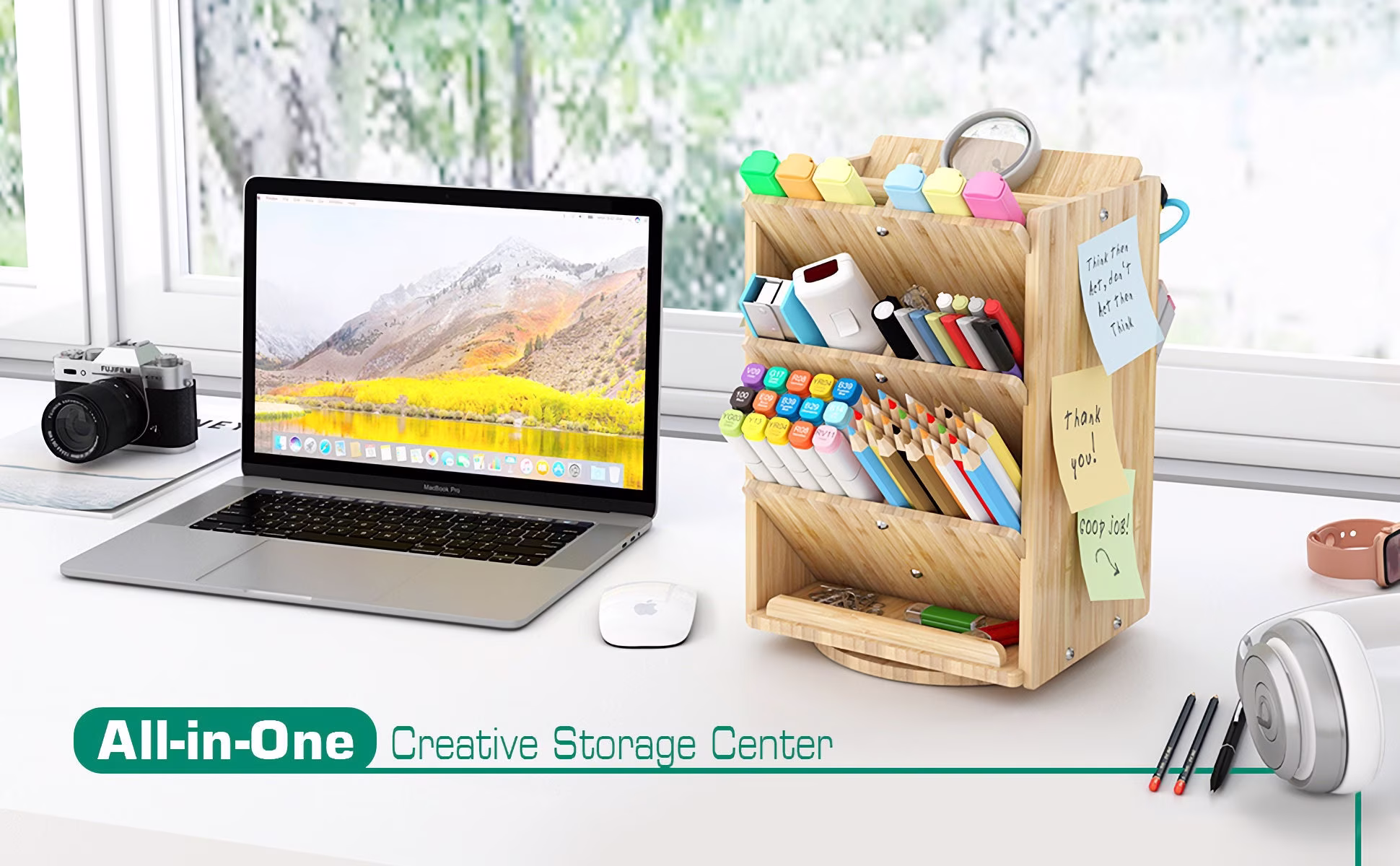Large Bamboo Desk Organizer, Rotating Colored Docking Stations For Cosmetics & Office Supplies With 13 Compartments, N Y & Christmas Gifts