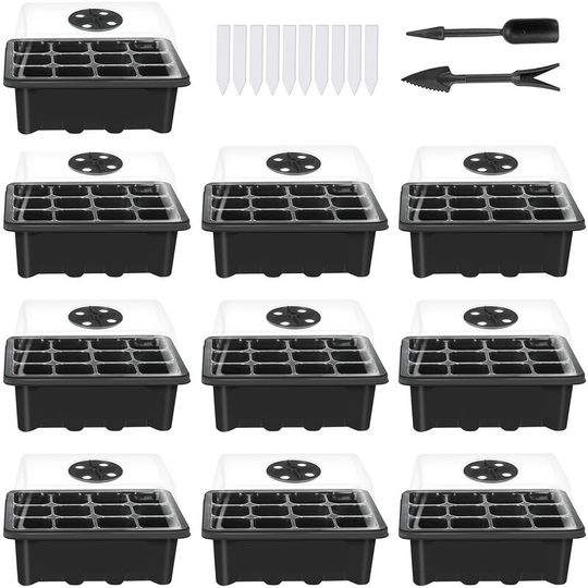 10 Set Seed Trays Seedling Starter Tray (12 Cells per Tray)with Adjustable Dome Lids and Base Plus Plant Tags Hand Tool Kit,Black