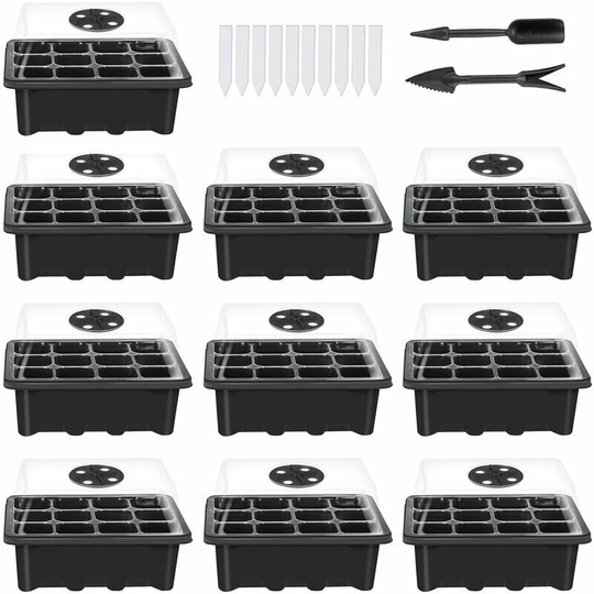10 Set Seed Trays Seedling Starter Tray (12 Cells per Tray) with Adjustable Dome Lids and Base Plus Plant Labels Hand Tool Set,Black