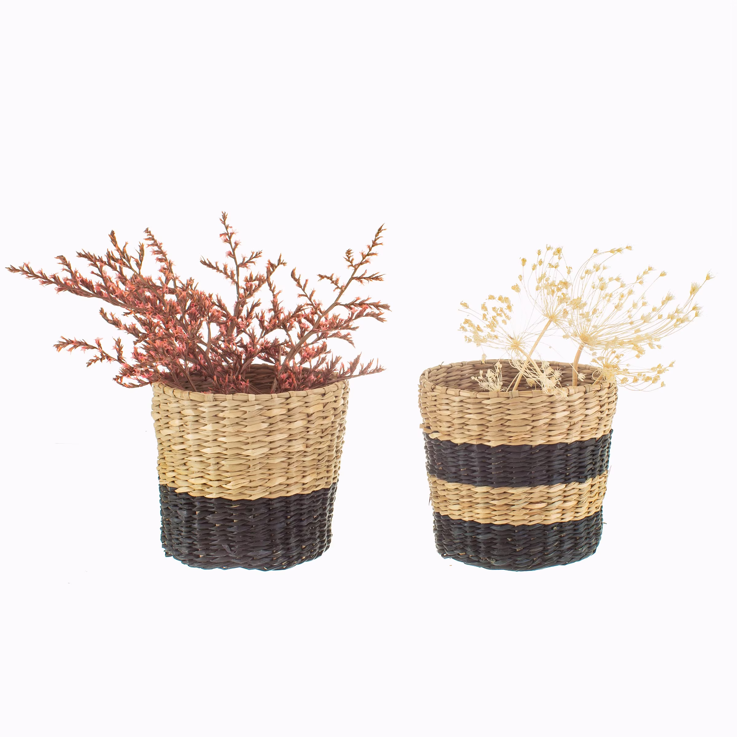 Set Of 2 Seagrass Planters - Mini Black Planters- Natural Rattan Stripe Scandi Boho