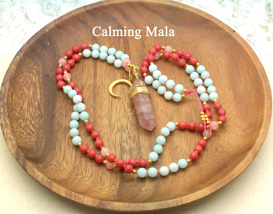Calming Amazonite Mala | Prayer Beads Mala, 108 Bead Rose Quartz Terminated Point Necklace