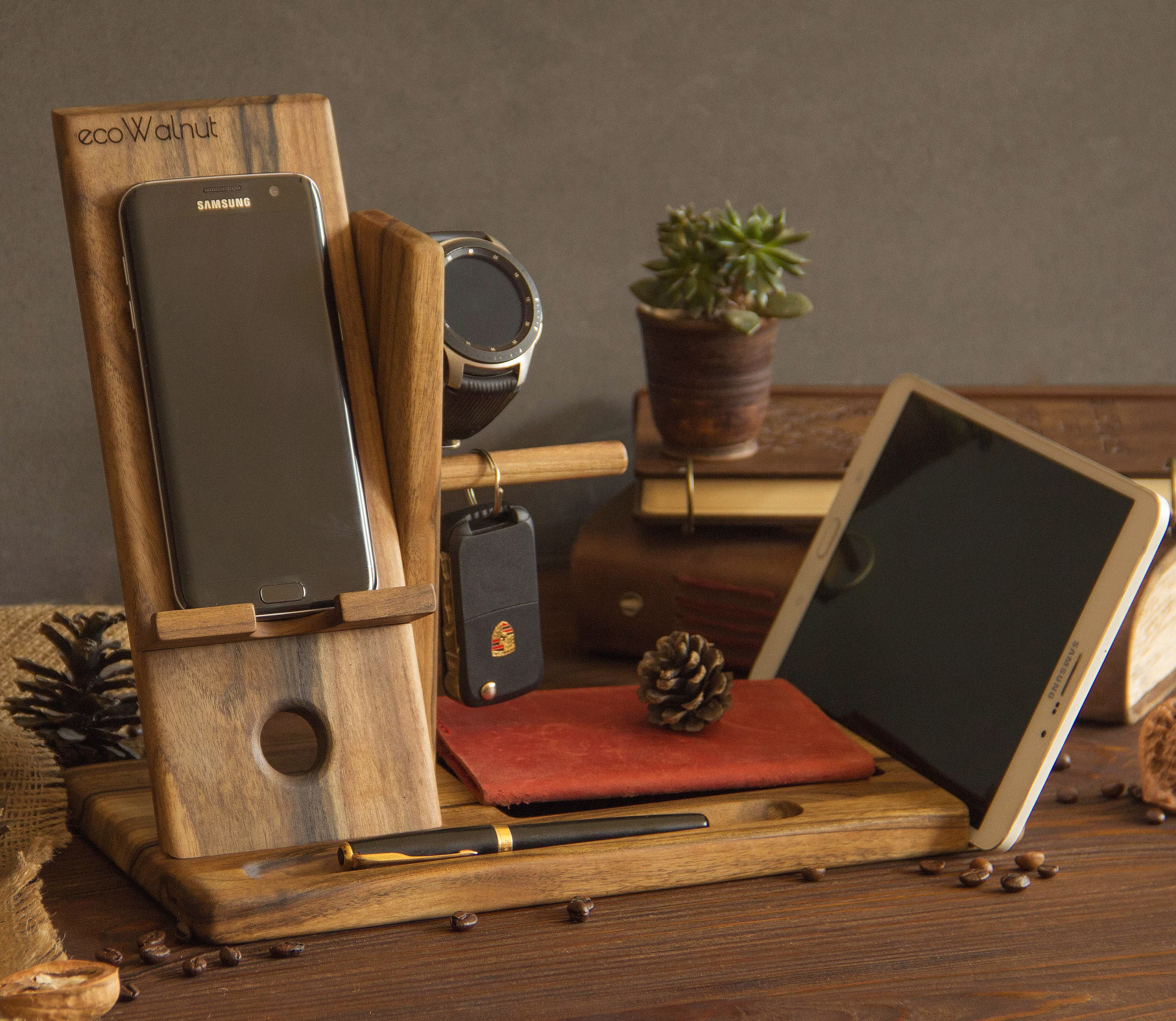 Wood Desk Organizer, Wooden Organizer For Men, Walnut Phone Stand, Desktop Trivia, Iphone Stand