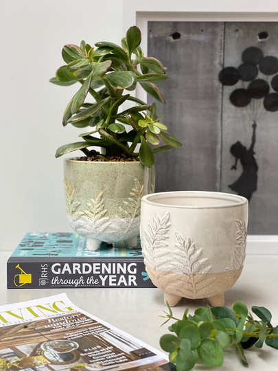 Leaf Designed Standing Leg Plant Pot, Ceramic Planter Fits 11cm Pot - Choice Of Two Colours Green/White Beige